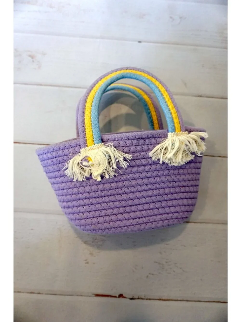 Handwoven Purple Round Bag With Floral Applique Handles